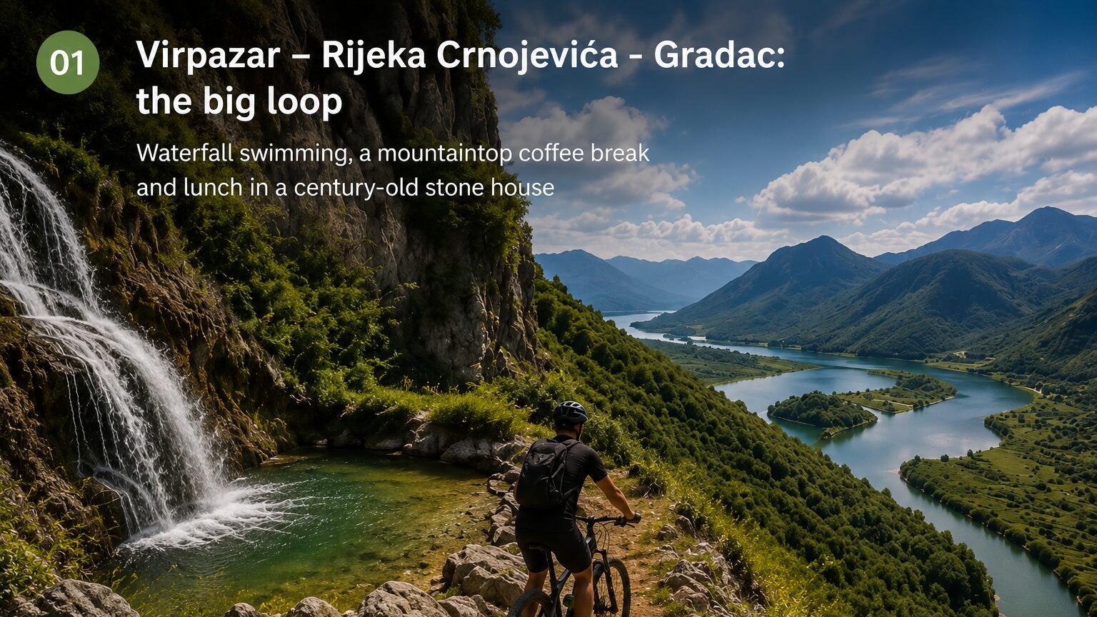 A cyclist rides a rocky cliff trail beside a waterfall pool above the horseshoe bend of the Crnojevica river valley