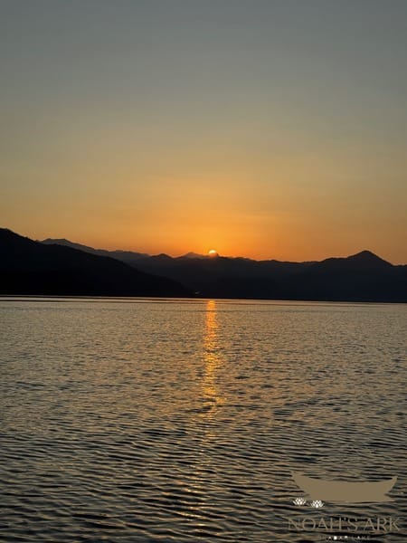 Family enjoying views of Lake Skadar from a traditional wooden boat near Virpazar, Montenegro