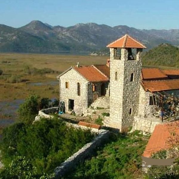 Virpazar waterfront with boats and the green mountain scenery of Lake Skadar