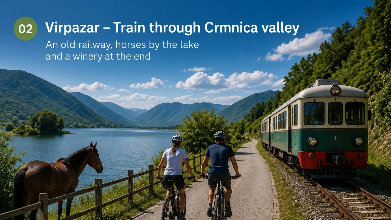 Cyclists ride a paved lakeside path beside a vintage green railcar and a grazing horse, with mountains and Skadar Lake beyond